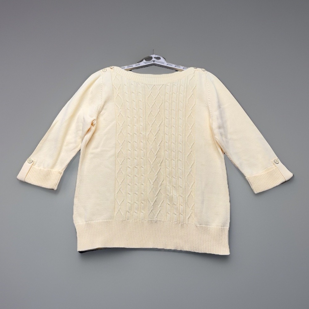 Karen Scott Cable Knit Sweater L Cream 100% Cotton Button Shoulder 3/4 Sleeve